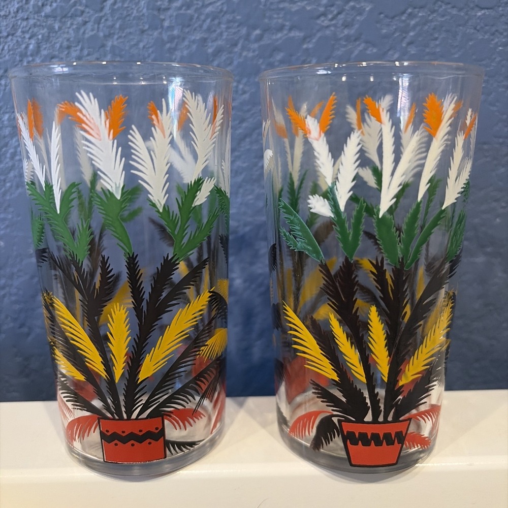 Hazel Atlas Potted Fern Clear Glass Tumbler Highball Set MCM - Vintage Retro Bar